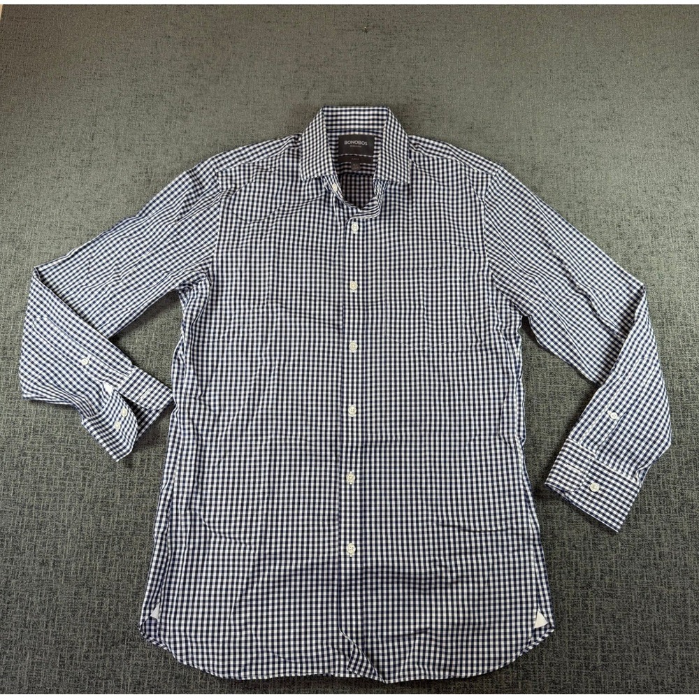 Bonobos Slim Fit Wrinkle Free Gingham Dress Shirt Navy White 15.5 33